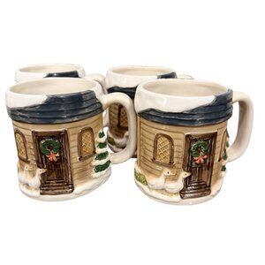 VTG OTAGIRI Christmas Mugs with Winter Scene Snow Covered House & Geese Set of 4